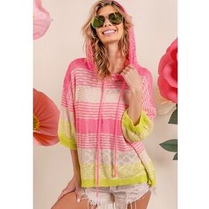 ☃️ BiBi Neon Pink and Green Striped Lightweight Hoodie